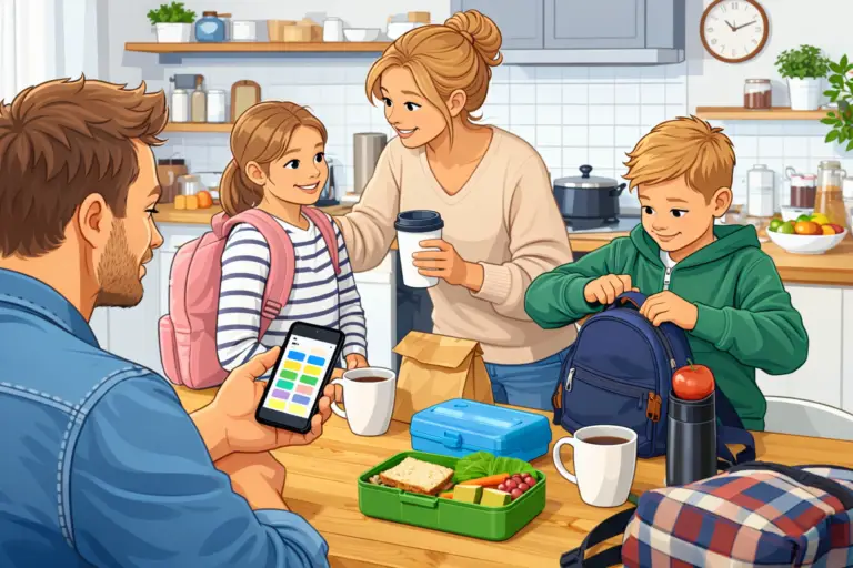 Familie planlægning en travl hverdagsmorgen i køkkenet
