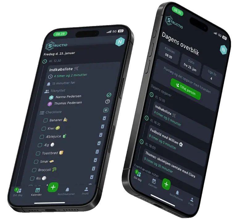 Structio app med indkøbslister og dagens overblik